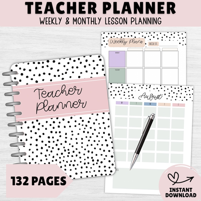 May include: A teacher planner with a black and white polka dot cover and the words "Teacher Planner" on a pink band. The planner includes weekly and monthly lesson planning pages, with the text "132 pages" and "Instant Download".