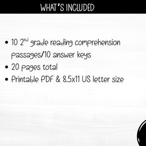2nd grade reading comprehension short story worksheets printable PDF set including 10 fiction passages, 10 answer keys,  20 pages total, & comprehension questions.