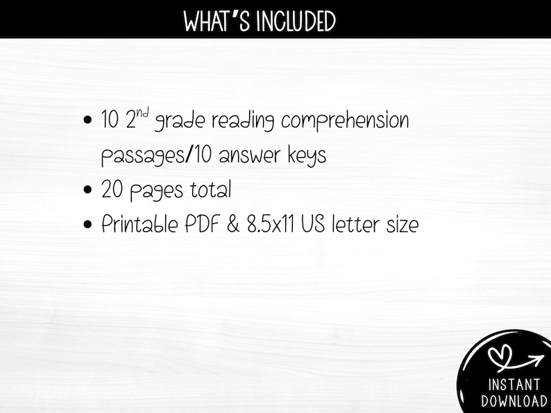 2nd grade reading comprehension short story worksheets printable PDF set including 10 fiction passages, 10 answer keys,  20 pages total, & comprehension questions.