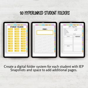 May include: Three digital tablet screens displaying a 30 hyperlinked student folder system. The screens show a main menu with yellow buttons, a student profile page, and an IEP snapshot form with fields for goals, accommodations, and services.