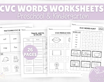 CVC Words Phonics Worksheets, Kindergarten Reading, Printable PDF