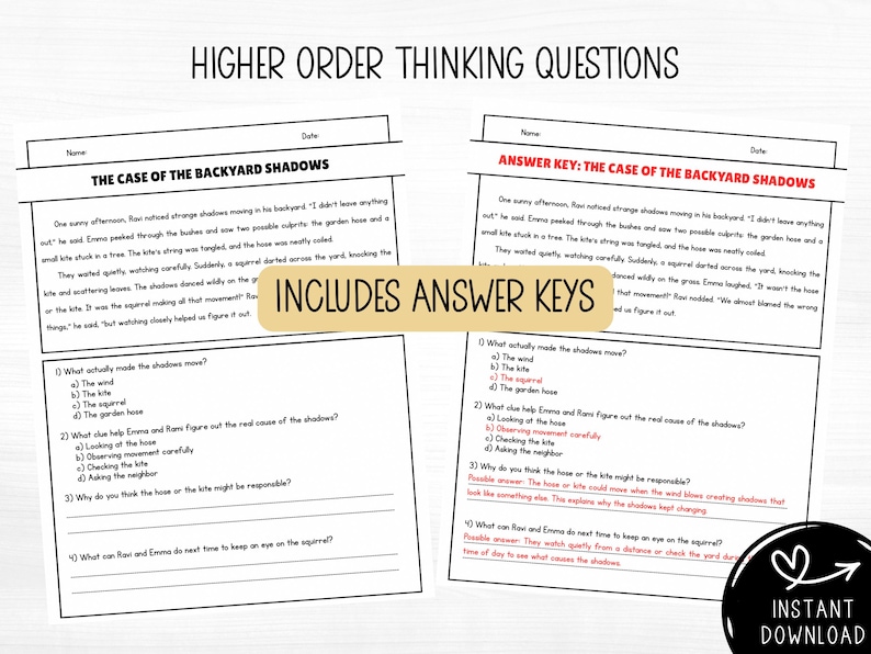 Preview of a 2nd grade fiction reading passage worksheet and matching answer key, showing two pages of content