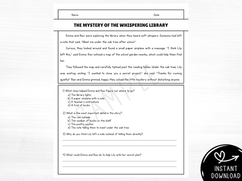One-page 2nd grade reading comprehension worksheet with a short fiction story, multiple choice and open-ended questions, and higher-order thinking comprehension questions, printable PDF