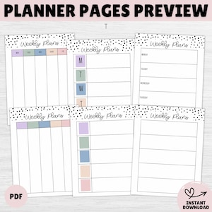 May include: A preview of planner pages with the text "PLANNER PAGES PREVIEW" at the top. The pages are white with a black dotted border and the words "Weekly Plans". Each page has a different layout for daily planning. The bottom left corner has the word "PDF".