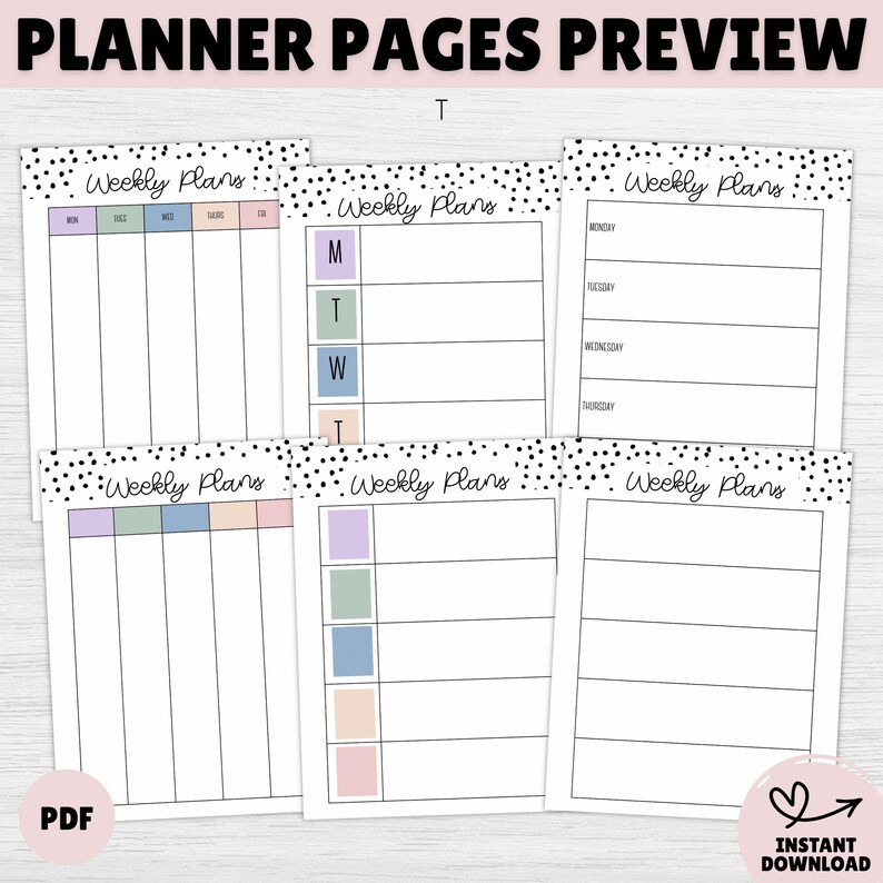 May include: A preview of planner pages with the text "PLANNER PAGES PREVIEW" at the top. The pages are white with a black dotted border and the words "Weekly Plans". Each page has a different layout for daily planning. The bottom left corner has the word "PDF".