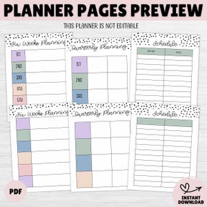 May include: Preview of planner pages with the text "PLANNER PAGES PREVIEW" at the top. The pages include sections for six weeks planning, quarterly planning, and scheduling. The text "THIS PLANNER IS NOT EDITABLE" is also present. The pages have pastel color accents.
