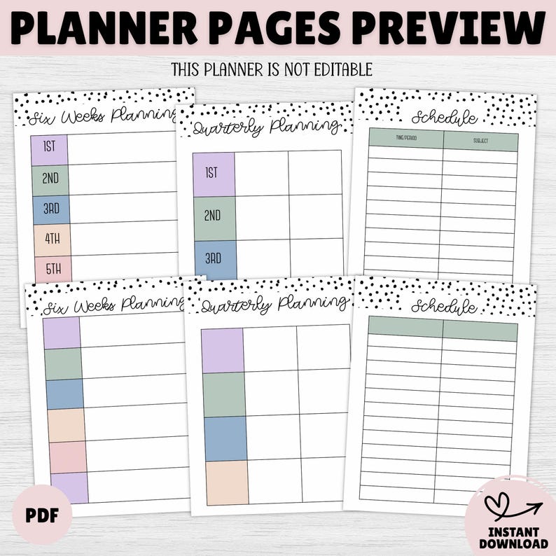 May include: Preview of planner pages with the text "PLANNER PAGES PREVIEW" at the top. The pages include sections for six weeks planning, quarterly planning, and scheduling. The text "THIS PLANNER IS NOT EDITABLE" is also present. The pages have pastel color accents.
