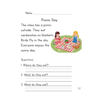 May include: A children's educational worksheet titled "Picnic Day" with text and illustrations. The text describes a picnic scene with sandwiches and blankets. Two children are shown enjoying a picnic with food and a basket.