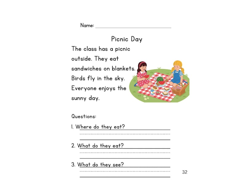 May include: A children's educational worksheet titled "Picnic Day" with text and illustrations. The text describes a picnic scene with sandwiches and blankets. Two children are shown enjoying a picnic with food and a basket.