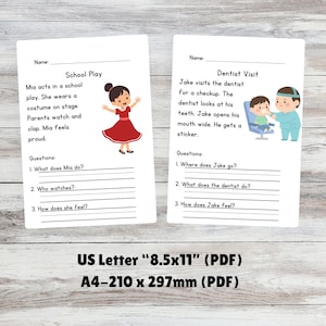 May include: Two white worksheets with illustrations and text. One worksheet is titled "School Play" and features a girl in a red dress. The other is titled "Dentist Visit" and shows a boy at the dentist. The worksheets are US Letter size.