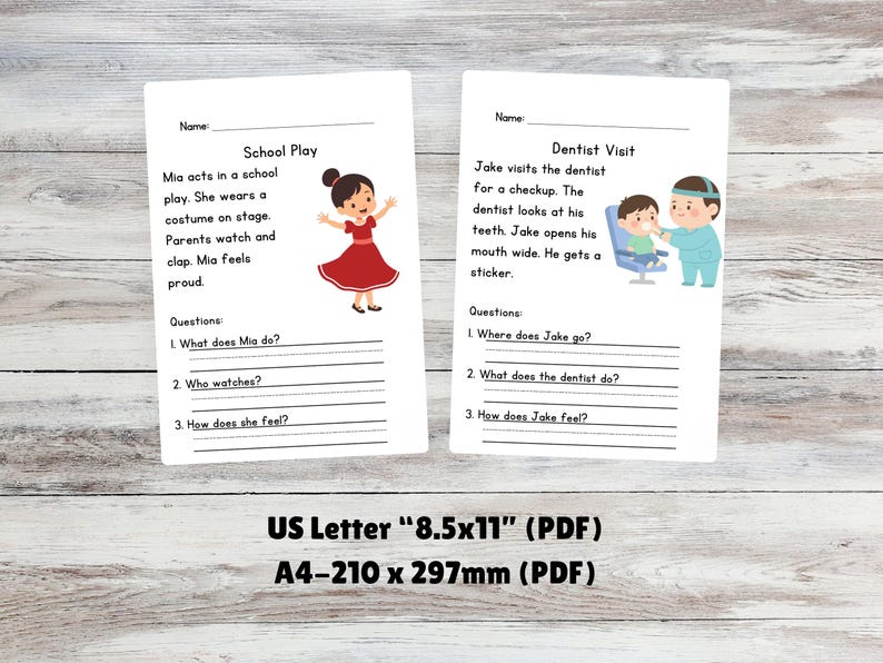 May include: Two white worksheets with illustrations and text. One worksheet is titled "School Play" and features a girl in a red dress. The other is titled "Dentist Visit" and shows a boy at the dentist. The worksheets are US Letter size.