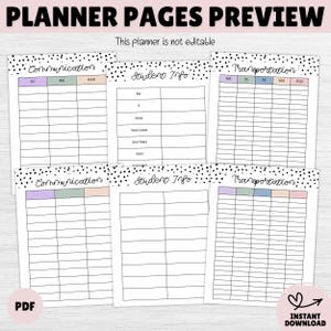 May include: Preview of planner pages with headings: Communication, Student Info, and Transportation. Each page has a dotted border and is filled with lined sections for writing. The text "This planner is not editable" is at the top.
