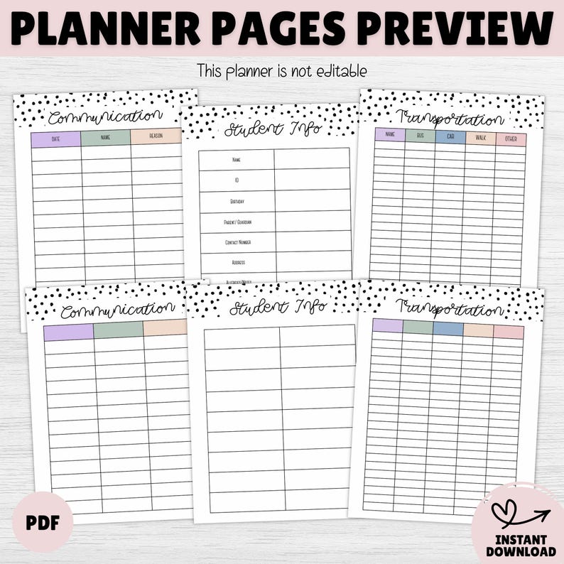 May include: Preview of planner pages with headings: Communication, Student Info, and Transportation. Each page has a dotted border and is filled with lined sections for writing. The text "This planner is not editable" is at the top.