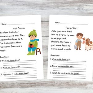 May include: Two educational worksheets on a wooden surface. One titled "Hot Cocoa" features a cartoon child drinking cocoa. The other, "Farm Visit," shows a child with a cow. Both have questions for learning.