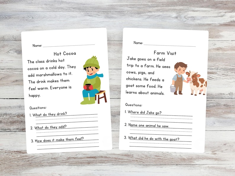 May include: Two educational worksheets on a wooden surface. One titled "Hot Cocoa" features a cartoon child drinking cocoa. The other, "Farm Visit," shows a child with a cow. Both have questions for learning.