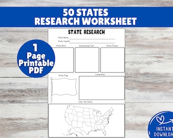 50 States Research Worksheet for Kids, US Geography Unit Study Printable (PDF)