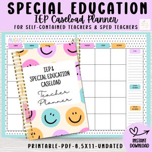 Special Education Teacher Planner, IEP Caseload Planner, SPED Binder & Goal Tracker, Pastel Smiley Design