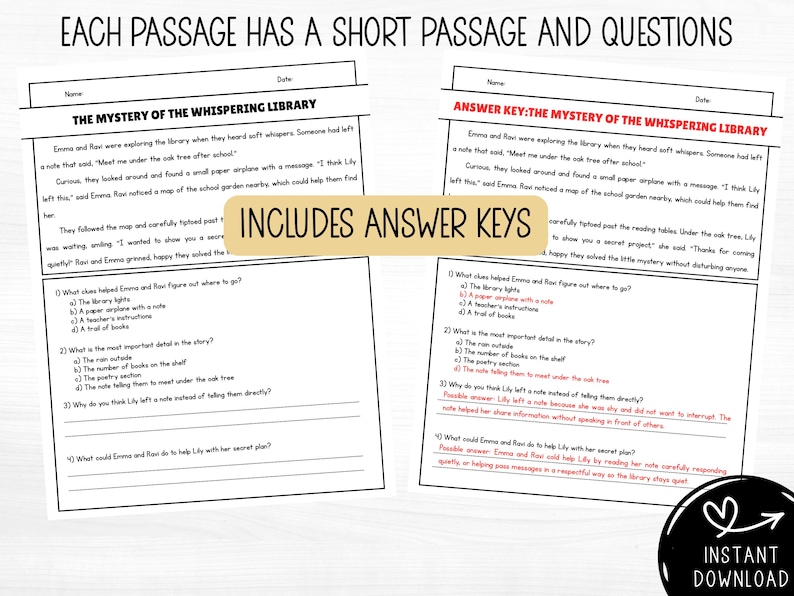 Two-page example of a 2nd grade reading comprehension short story worksheet with comprehension questions and answer key, printable PDF