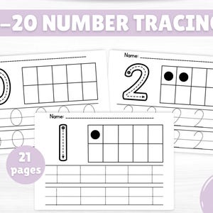 May include: Educational printable worksheets for number tracing from 0 to 20. Each page features a number to trace, a ten-frame, and space to practice writing the number. Includes the text "0-20 NUMBER TRACING" and "21 pages".