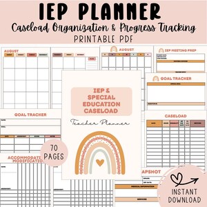 May include: A printable IEP planner in a soft colour palette. The planner includes sections for caseload organisation, progress tracking, and goal tracking. The cover features a rainbow design and the text "IEP & Special Education Caseload Teacher Planner."