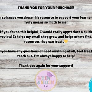 May include: A wooden background with text that reads "THANK YOU FOR YOUR PURCHASE!" and a message of appreciation. The image includes a logo with a purple bird and the words "WREN & BLOOM Co." and a blue circle with the words "INSTANT DOWNLOAD".