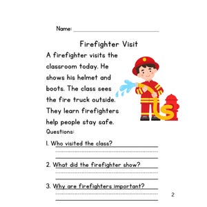 May include: A children's educational worksheet titled "Firefighter Visit." The page features a cartoon illustration of a firefighter in red uniform and helmet, holding a hose. Text describes a classroom visit and questions about firefighters.