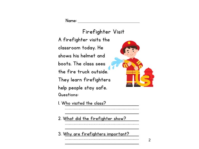 May include: A children's educational worksheet titled "Firefighter Visit." The page features a cartoon illustration of a firefighter in red uniform and helmet, holding a hose. Text describes a classroom visit and questions about firefighters.