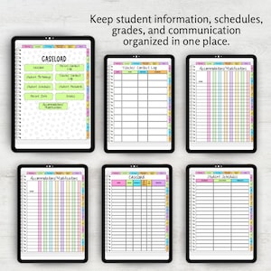 May include: Six digital tablet screens displaying a teacher planner with various templates including a caseload dashboard, teacher contact log, and student schedules. The pages feature colorful tabs, grid layouts, and the text: Keep student information, schedules, grades, and communication organized in one place.