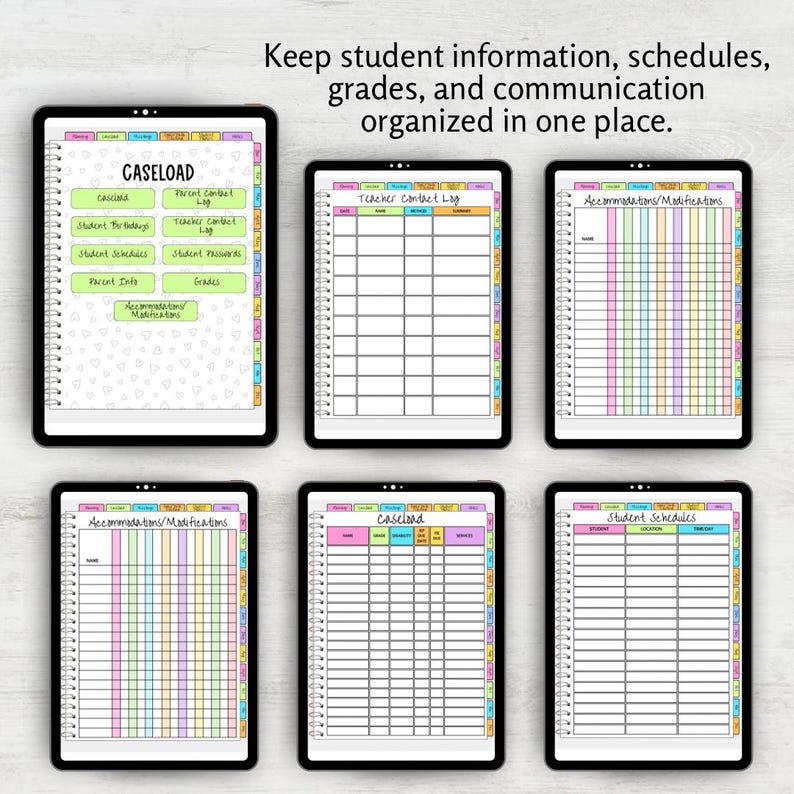 May include: Six digital tablet screens displaying a teacher planner with various templates including a caseload dashboard, teacher contact log, and student schedules. The pages feature colorful tabs, grid layouts, and the text: Keep student information, schedules, grades, and communication organized in one place.