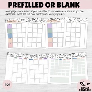 May include: A planner with the text "PREFILLED OR BLANK" at the top. The planner pages include weekly and monthly spreads with colorful boxes and the month of August. The pages are white with a black polka dot border.
