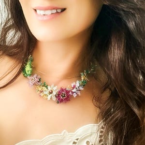 Floral Perlen Choker, Kristall Blumen Halskette, handgemachte Statement Schmuck, Boho Mode künstlerische Perlen