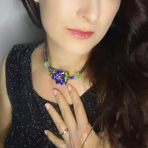 Handmade Beaded Flower Choker, Green Violet Crystal, Statement Jewelry, Beaded Necklace