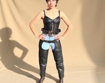 Pantalon Western Chaps Cowgirl En Cuir Noir Et Daim – Fait Main Au Pakistan, Cadeau Femme