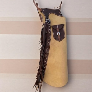 Men Western Handmade Tan & Brown Leather Chaps with Fringe and Pocket | Western Cowboy Rodeo Riding Gear | Ranch Work | Equestrian Half Chap