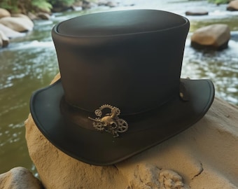 Black Leather Steampunk Top Hat with Gears – Gothic Halloween Costume Hat
