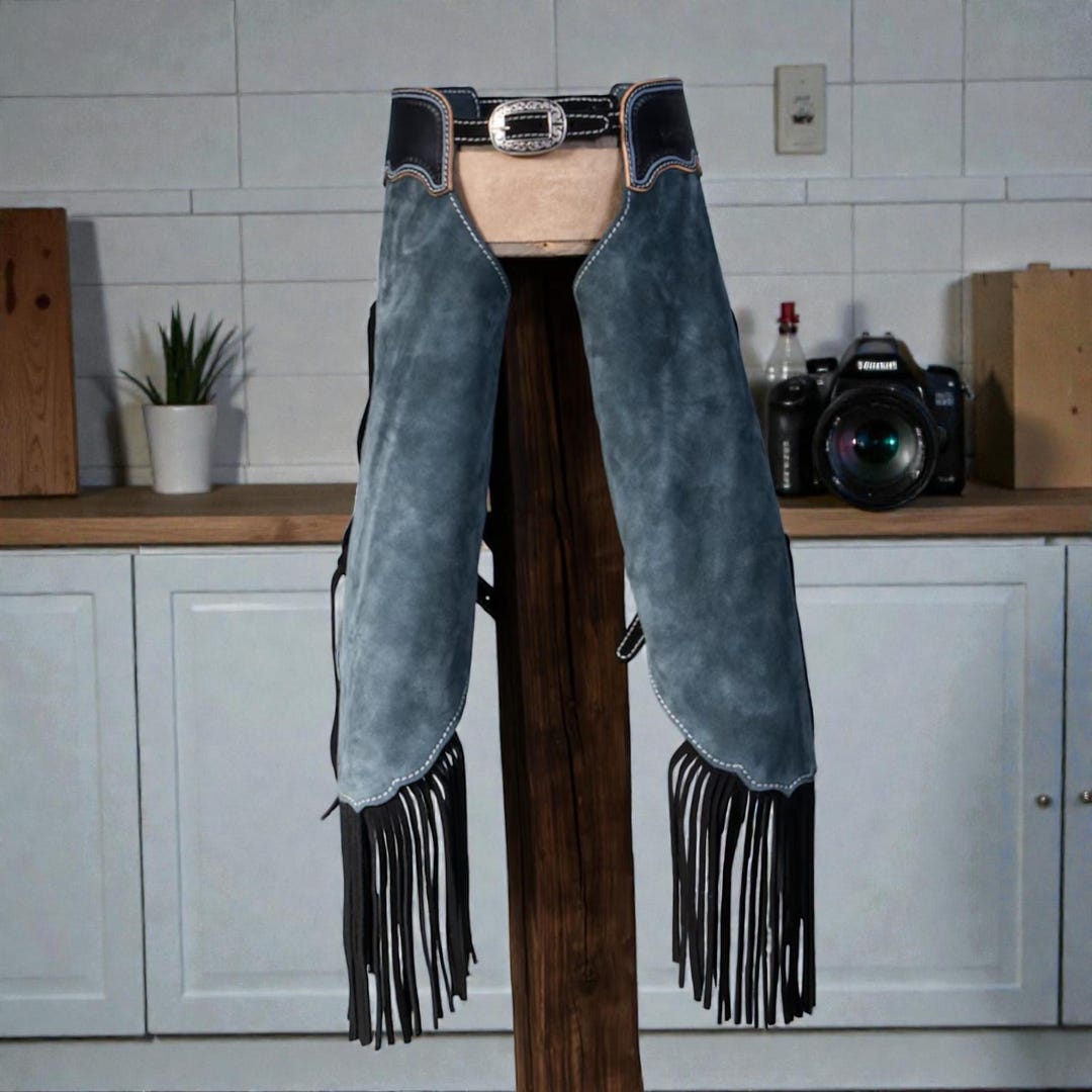 Handcrafted Blue Suede Rodeo Chaps With Fringe – Western Cowboy Riding ...