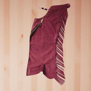 Men’s Handmade Maroon Suede Leather Chaps with Fringe – Western Cowboy Rodeo Riding Gear | Gift for Womens