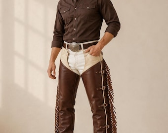 Handmade Brown White Leather Cowboy Chaps Western Fringe Riding Pants Men