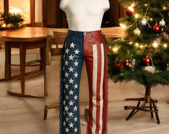 American Flag Leather Pants, USA Stars Stripes Fringe Chaps, Handmade Western