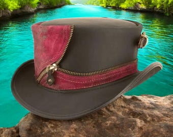 Handmade Steampunk Leather Top Hat with Zipper Band | Gothic Victorian Style