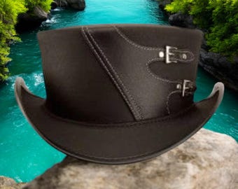 Handmade Western Leather Cowboy Hat Wide Brim with Adjustable Buckle Band