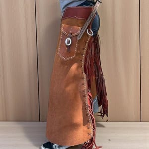 Men’s Brown Suede Leather Chaps with Fringe | Western Cowboy Rodeo Riding Chaps with Side Pocket | Handmade Ranch Wear | Gift for women