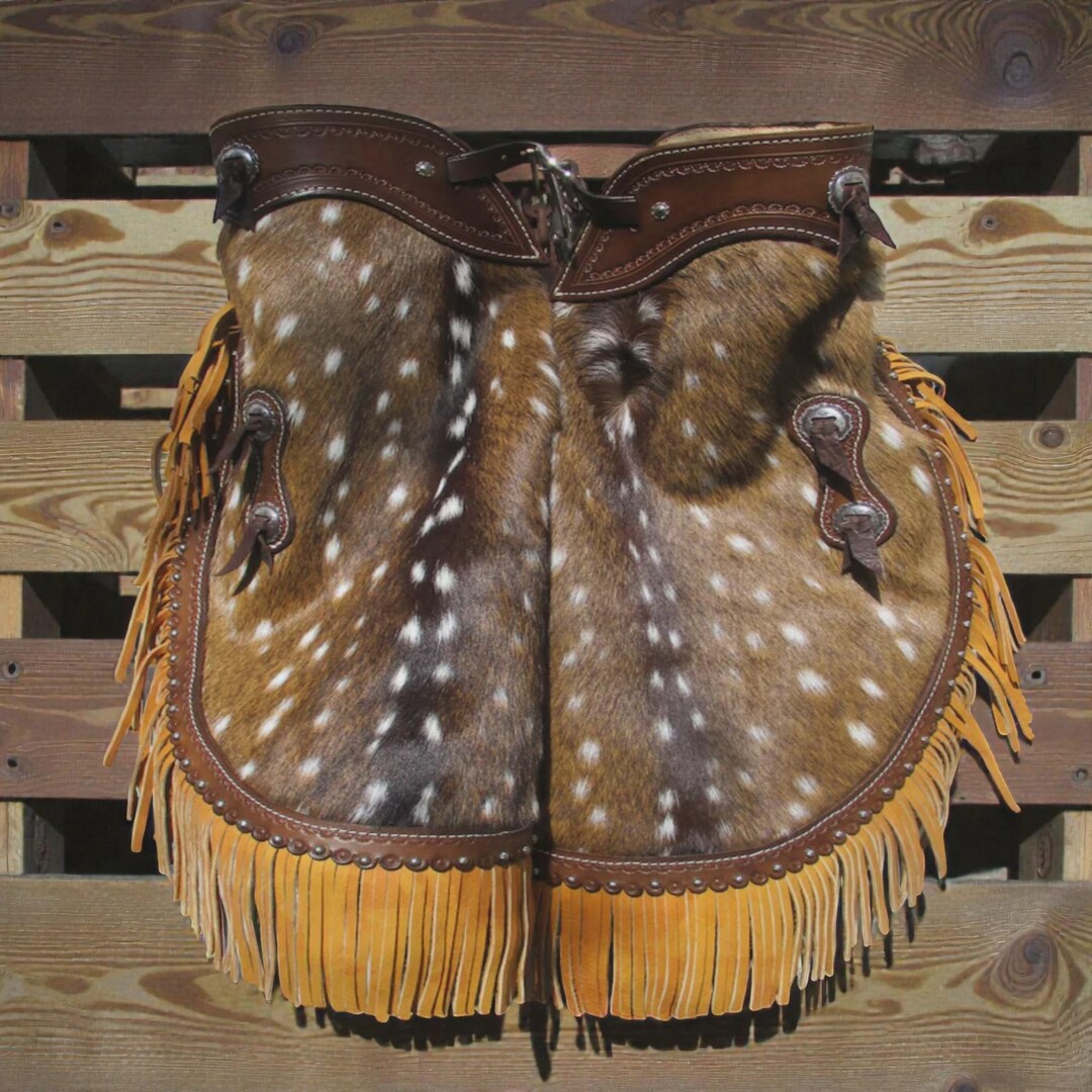 Showman ® Brown suede leather chinks with Hair on Cowhide Accent. main image 0