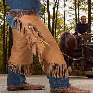 Handmade Tan Suede Leather Fringe Chaps | Western Cowboy Rodeo Horse Riding Gear