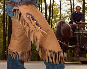 Handgefertigte Tan Wildleder Fransen Chaps | Western Cowboy Rodeo Reitbekleidung