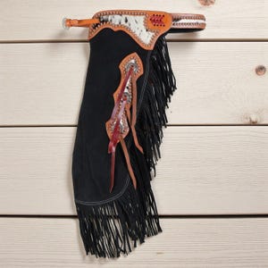Handmade Black Leather Chinks with Fringe, Cowhide Yoke & Studded Trim – Western Rodeo Cowboy Riding Chaps, Custom Horse Tack Gear