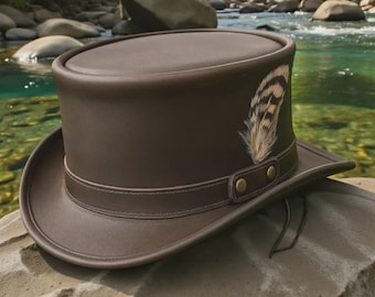 Handmade Brown Leather Western Top Hat with Wide Brim & Feather Accent