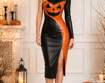 Women Halloween Pumpkin Leather Dress | Handmade Gothic Print Bodycon Outfit
