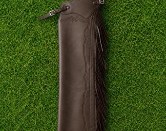 Handmade Brown Leather Western Chaps with Fringe Cowboy Riding Leggings