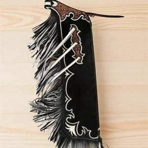 Black Leather Rodeo Chinks with White Fringe & Brown Tooled Yoke | Western Cowboy Chaps | Handmade Fringe Work Chinks | Custom Ranch Gear